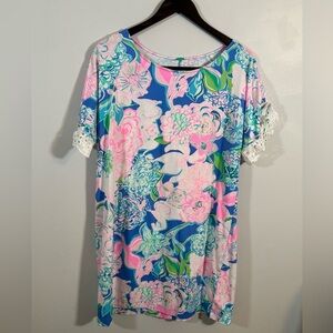 Lilly Pulitzer Floral Shift Dress XL – Pink Green Blue Cotton Eyelet Sleeve